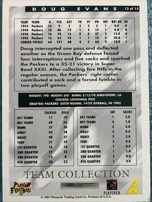 1997 Score Team Collection - Green Bay Packers Doug Evans #13 - Thumbnail 2