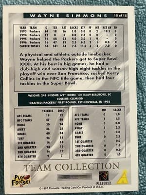 1997 Score Team Collection - Green Bay Packers Wayne Simmons #10 - Thumbnail 3