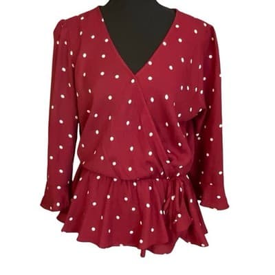 Everly Women's Red Polka Dot Wrap Around 3/4 Sleeve Blouse - Image 1