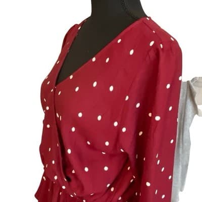 Everly Women's Red Polka Dot Wrap Around 3/4 Sleeve Blouse - Thumbnail 3