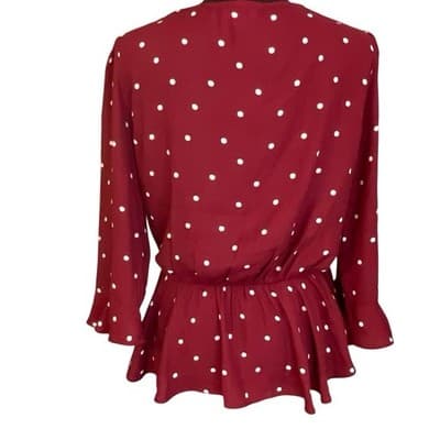 Everly Women's Red Polka Dot Wrap Around 3/4 Sleeve Blouse - Thumbnail 5