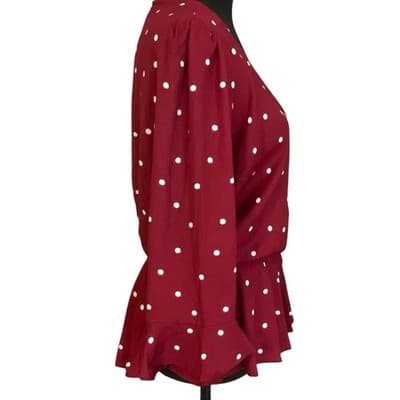 Everly Women's Red Polka Dot Wrap Around 3/4 Sleeve Blouse - Thumbnail 4