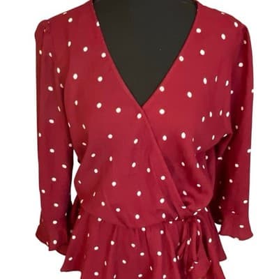 Everly Women's Red Polka Dot Wrap Around 3/4 Sleeve Blouse - Thumbnail 2