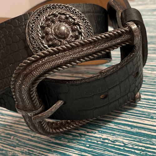 Streets Ahead Vintage Crock Embossed Leather/Aged Silver Medallion Belt - Image 1