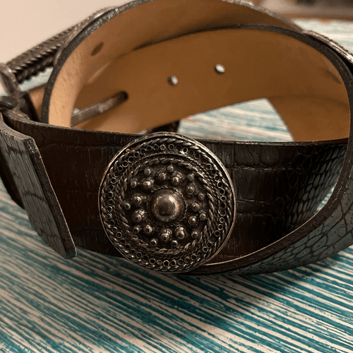 Streets Ahead Vintage Crock Embossed Leather/Aged Silver Medallion Belt - Thumbnail 6