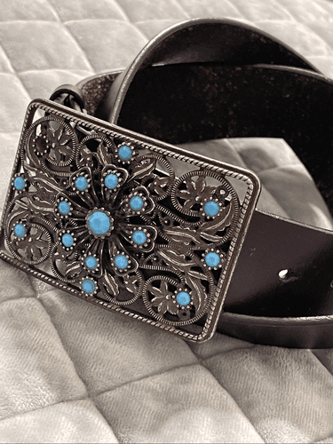 Western Style Filigree Faux Turquoise Silver Black Western Cowgirl Belt Size Med - Thumbnail 5