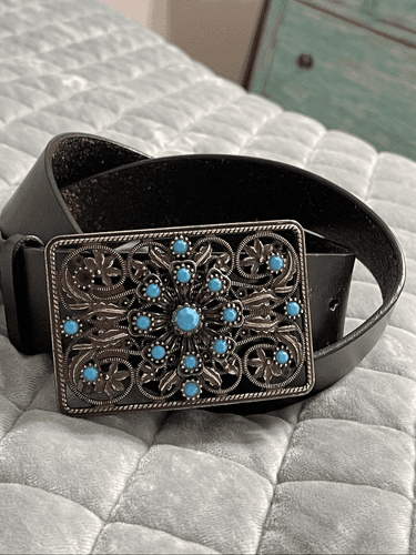 Western Style Filigree Faux Turquoise Silver Black Western Cowgirl Belt Size Med - Thumbnail 8