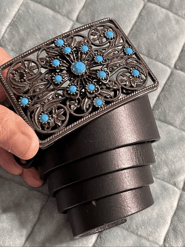 Western Style Filigree Faux Turquoise Silver Black Western Cowgirl Belt Size Med - Thumbnail 2
