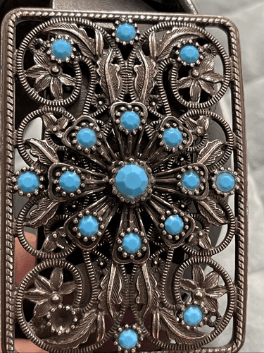Western Style Filigree Faux Turquoise Silver Black Western Cowgirl Belt Size Med - Thumbnail 12