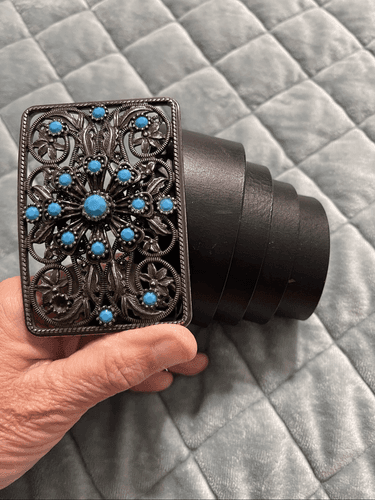 Western Style Filigree Faux Turquoise Silver Black Western Cowgirl Belt Size Med - Image 1