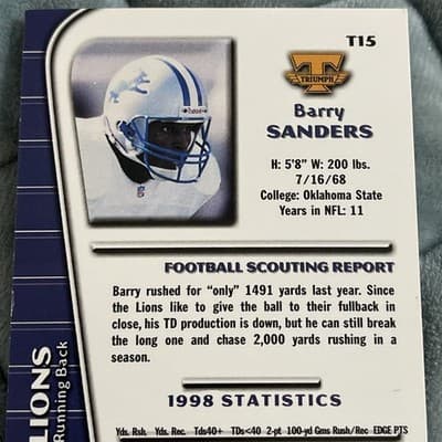 1999 Collector's Edge Triumph - Barry Sanders #T15 - Thumbnail 3
