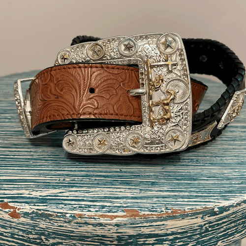 Praying Cowboy Vintage 2-Toned Hand-tooled Large Buckle Men’s Western/Cowboy Bel - Image 1