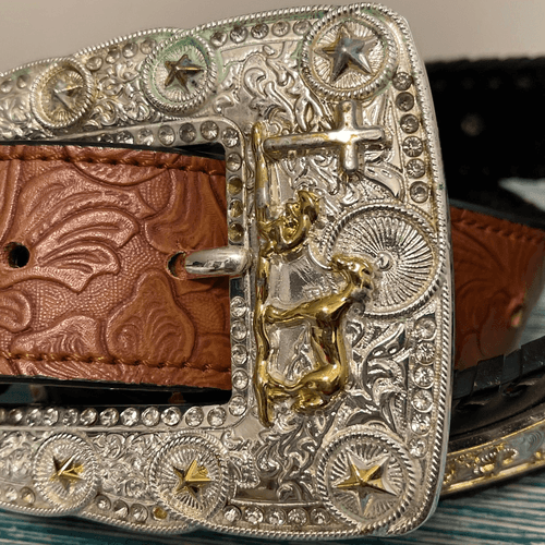 Praying Cowboy Vintage 2-Toned Hand-tooled Large Buckle Men’s Western/Cowboy Bel - Thumbnail 2