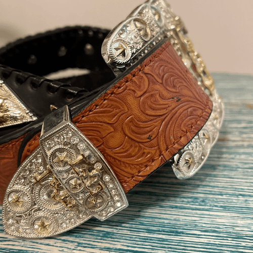Praying Cowboy Vintage 2-Toned Hand-tooled Large Buckle Men’s Western/Cowboy Bel - Thumbnail 3