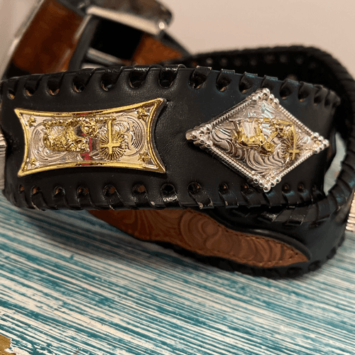 Praying Cowboy Vintage 2-Toned Hand-tooled Large Buckle Men’s Western/Cowboy Bel - Thumbnail 6