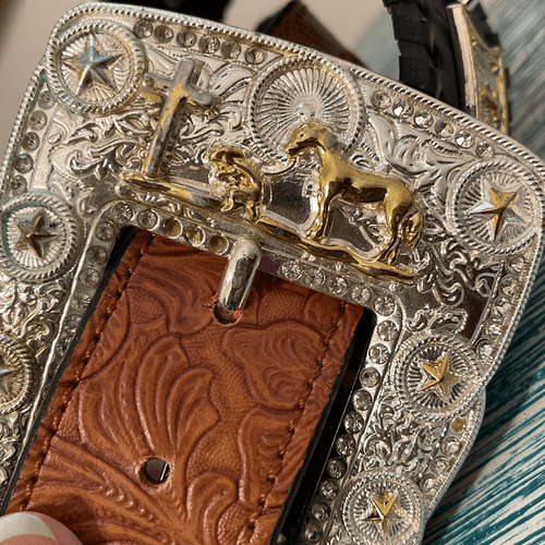 Praying Cowboy Vintage 2-Toned Hand-tooled Large Buckle Men’s Western/Cowboy Bel - Thumbnail 11