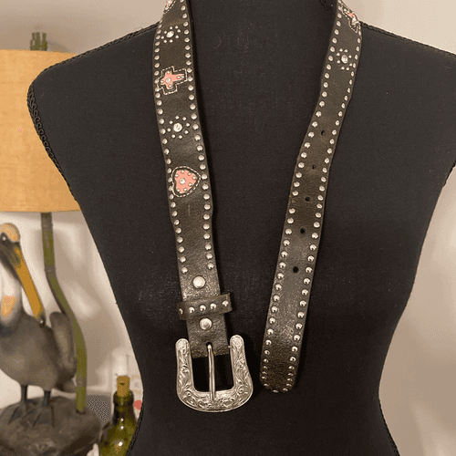 Nocona Women’s Jewel Studded Hearts/Crosses Leather/Silver Western Cowgirl Belt - Image 1