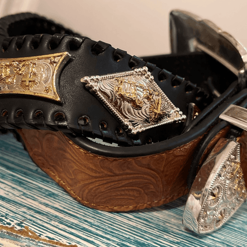 Praying Cowboy Vintage 2-Toned Hand-tooled Large Buckle Men’s Western/Cowboy Bel - Thumbnail 4