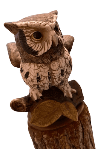 Homco Barn Owl Figurine #1114 Perched on Real Wood Branch - Thumbnail 5