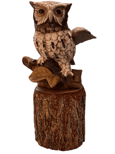 Homco Barn Owl Figurine #1114 Perched on Real Wood Branch - Thumbnail 4