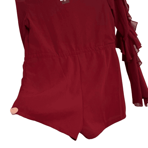 Pretty Little Things Oxblood Ruffled L/S Plunge Playsuit - Thumbnail 5