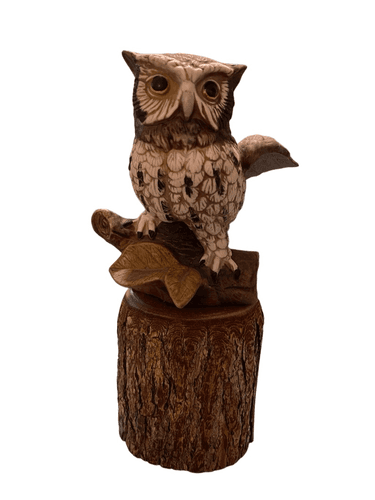 Homco Barn Owl Figurine #1114 Perched on Real Wood Branch - Thumbnail 2