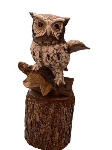 Homco Barn Owl Figurine #1114 Perched on Real Wood Branch - Thumbnail 3