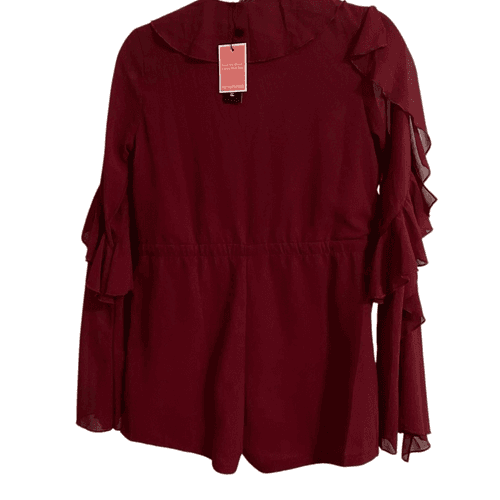 Pretty Little Things Oxblood Ruffled L/S Plunge Playsuit - Thumbnail 3