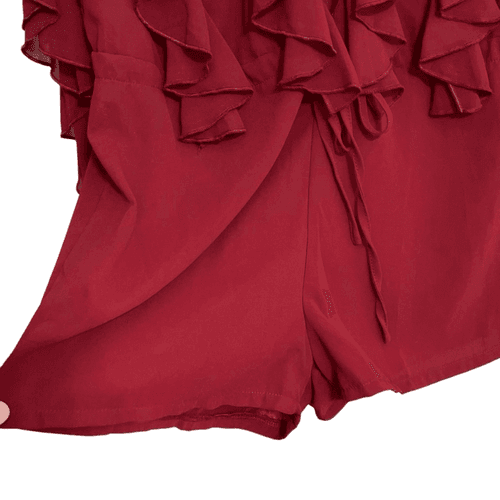 Pretty Little Things Oxblood Ruffled L/S Plunge Playsuit - Thumbnail 4