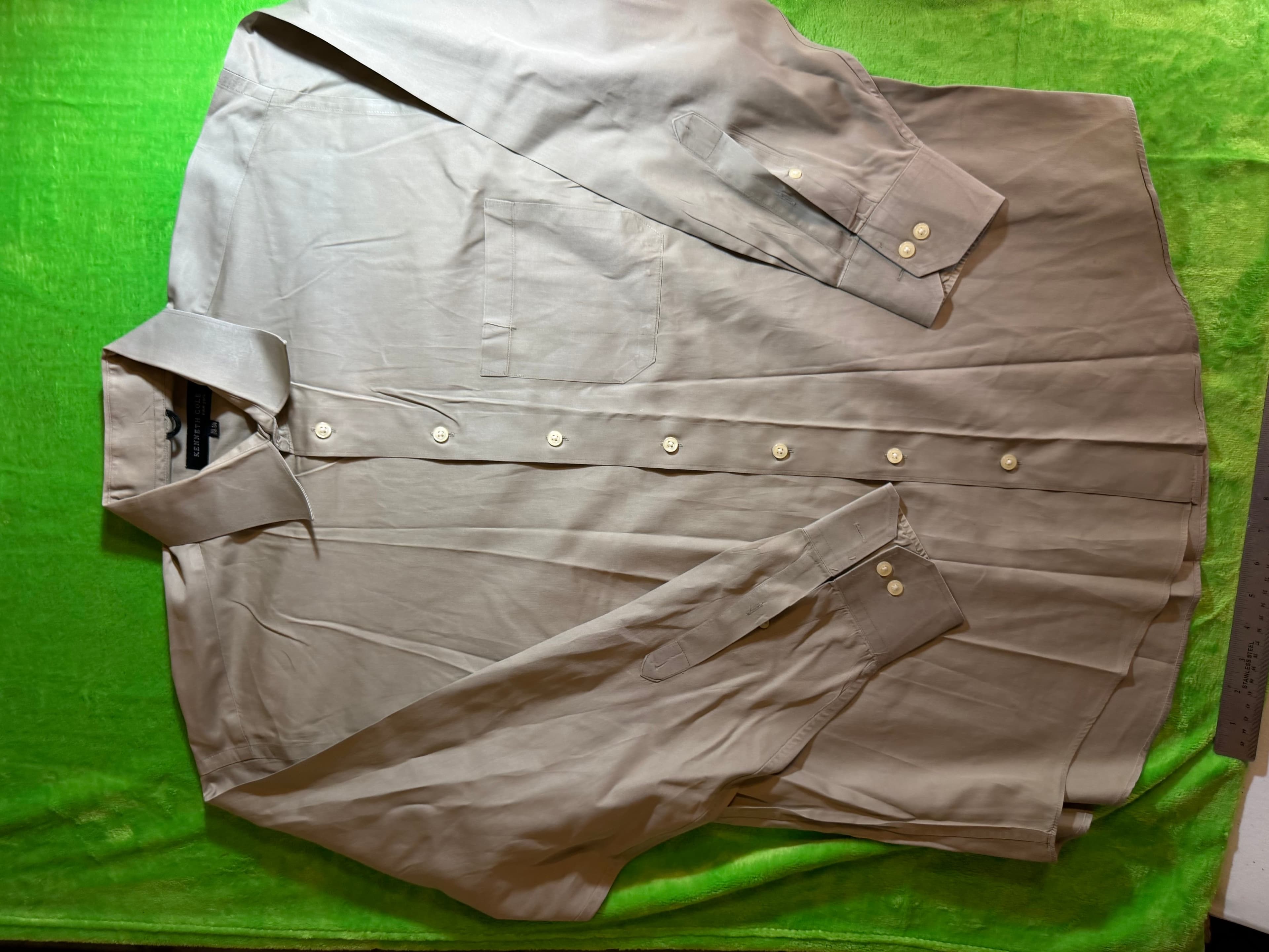 Kenneth Cole New York Men's Dress Shirt 16.5 Beige Long Sleeve - Thumbnail 2