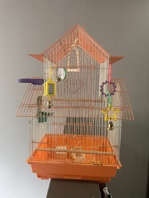 Bird Cage House Top Small Medium Orange White Metal Wire Perches Toys Cups - Thumbnail 4