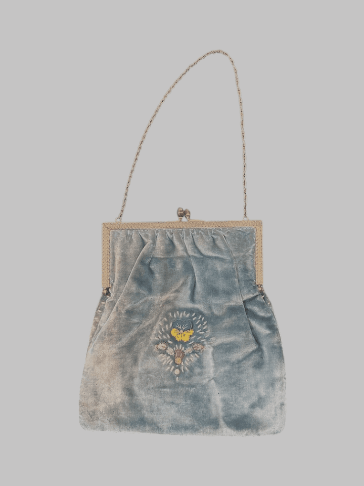 Antique 1920s/30s French Cornflower Blue Silk Velvet Evening Bag with Raised Stumpwork and Jeweled Filigree Frame - Thumbnail 2