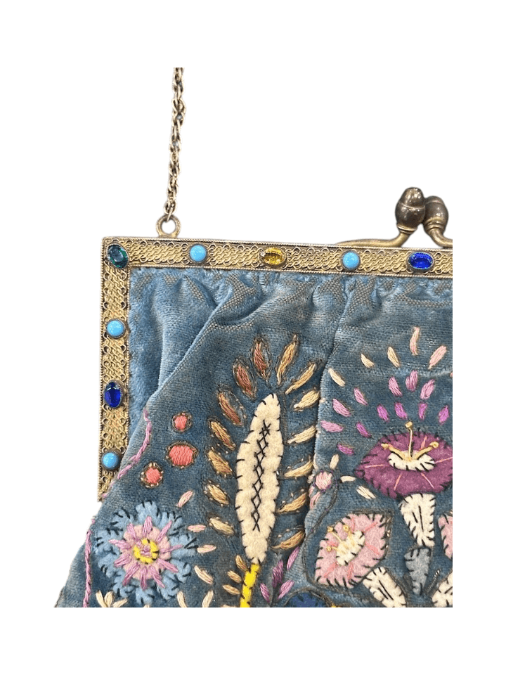 Antique 1920s/30s French Cornflower Blue Silk Velvet Evening Bag with Raised Stumpwork and Jeweled Filigree Frame - Thumbnail 3