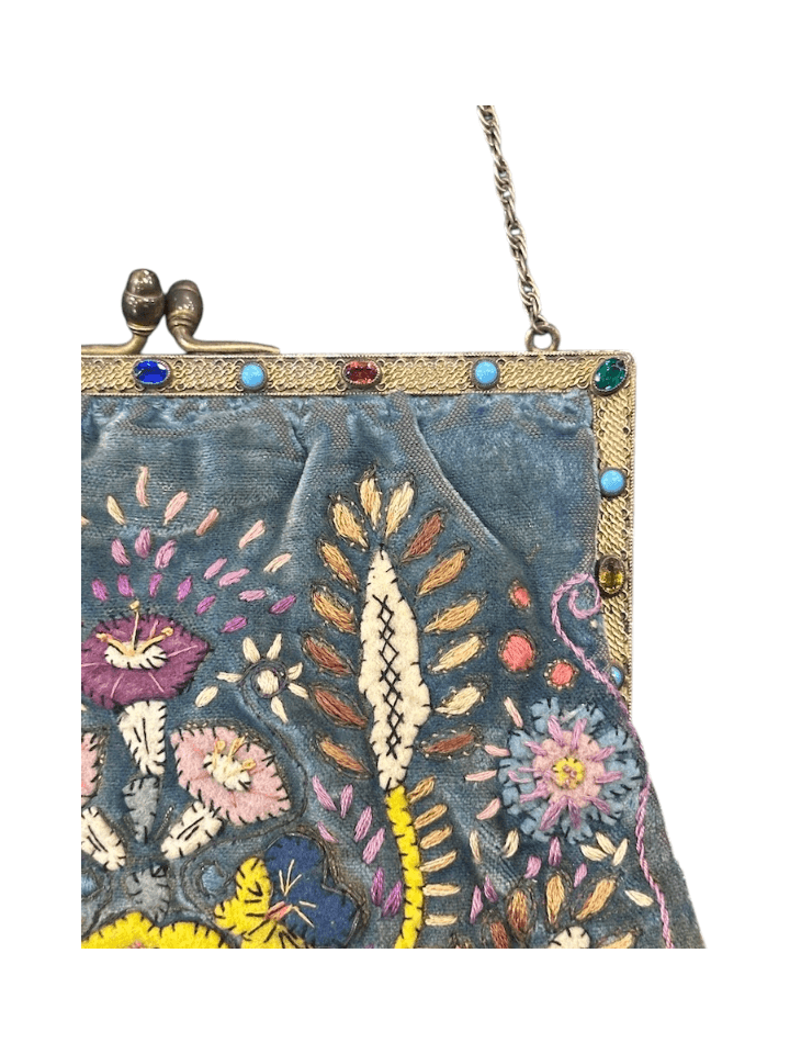 Antique 1920s/30s French Cornflower Blue Silk Velvet Evening Bag with Raised Stumpwork and Jeweled Filigree Frame - Thumbnail 4