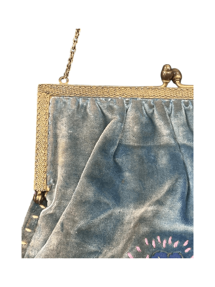 Antique 1920s/30s French Cornflower Blue Silk Velvet Evening Bag with Raised Stumpwork and Jeweled Filigree Frame - Thumbnail 5