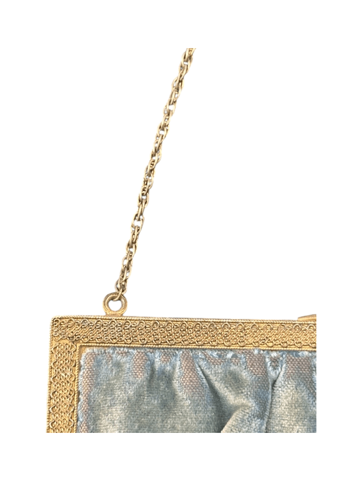 Antique 1920s/30s French Cornflower Blue Silk Velvet Evening Bag with Raised Stumpwork and Jeweled Filigree Frame - Thumbnail 10