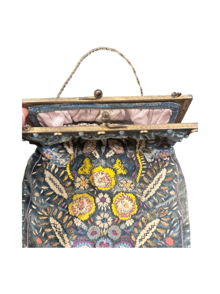 Antique 1920s/30s French Cornflower Blue Silk Velvet Evening Bag with Raised Stumpwork and Jeweled Filigree Frame - Thumbnail 11