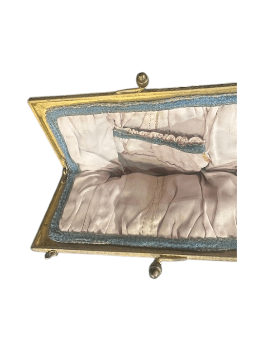 Antique 1920s/30s French Cornflower Blue Silk Velvet Evening Bag with Raised Stumpwork and Jeweled Filigree Frame - Thumbnail 12