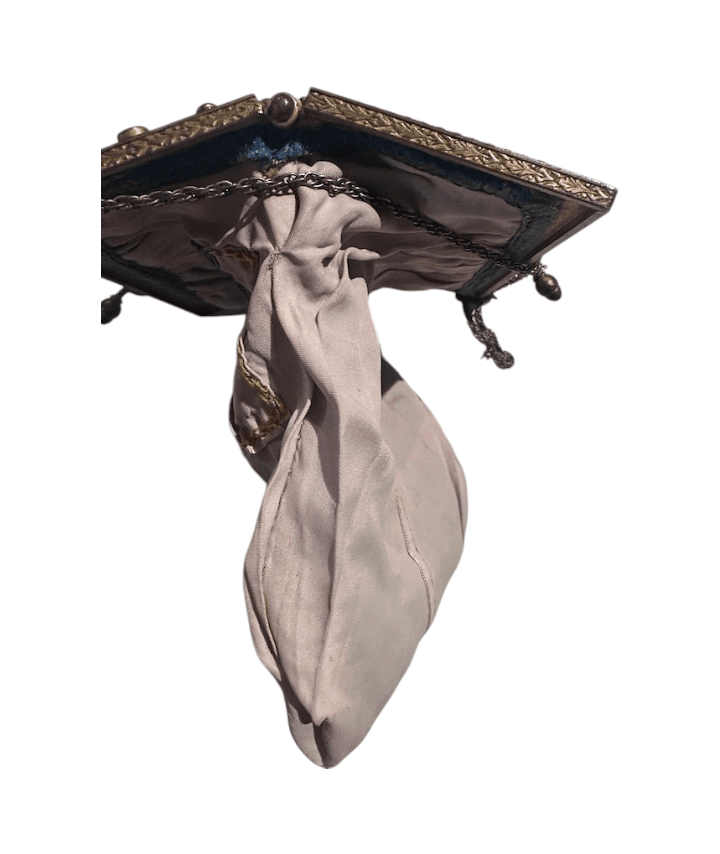 Antique 1920s/30s French Cornflower Blue Silk Velvet Evening Bag with Raised Stumpwork and Jeweled Filigree Frame - Thumbnail 16