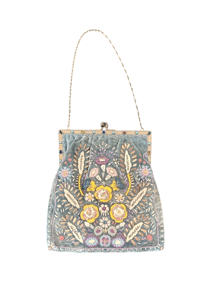 Antique 1920s/30s French Cornflower Blue Silk Velvet Evening Bag with Raised Stumpwork and Jeweled Filigree Frame - Image 1