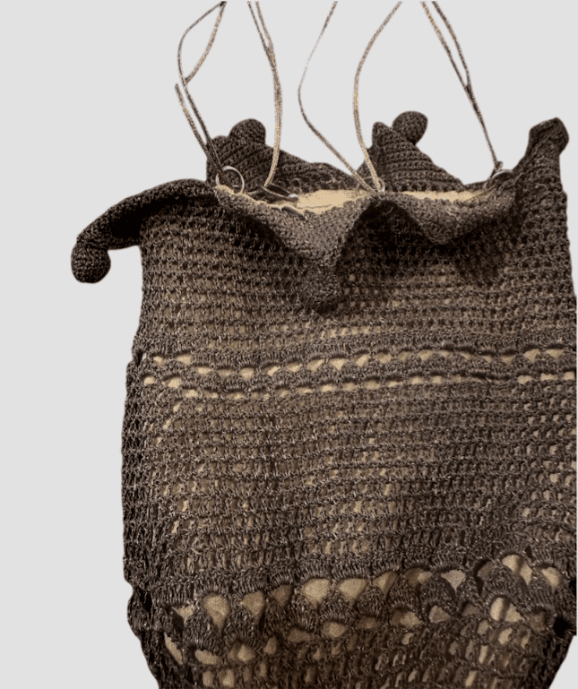 Late Edwardian to Flapper Era Bronze Colored Antique Hand-crocheted Metallic Gimp or Lurex Crochet Reticule with Gold/Mustard Lining - Thumbnail 3