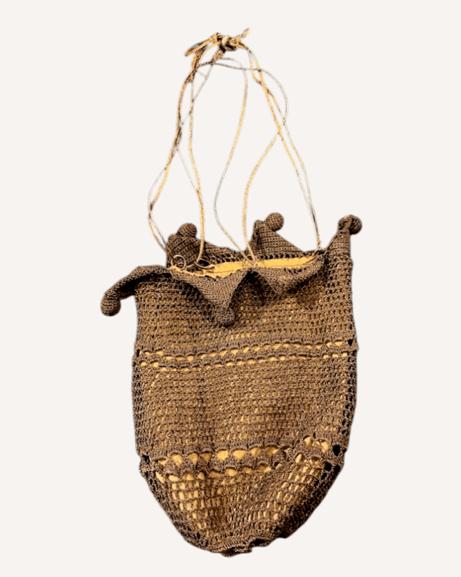 Late Edwardian to Flapper Era Bronze Colored Antique Hand-crocheted Metallic Gimp or Lurex Crochet Reticule with Gold/Mustard Lining - Thumbnail 2