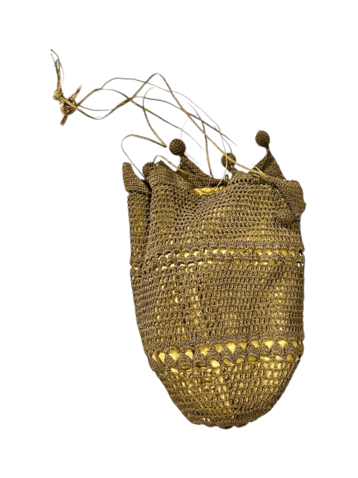 Late Edwardian to Flapper Era Bronze Colored Antique Hand-crocheted Metallic Gimp or Lurex Crochet Reticule with Gold/Mustard Lining - Image 1