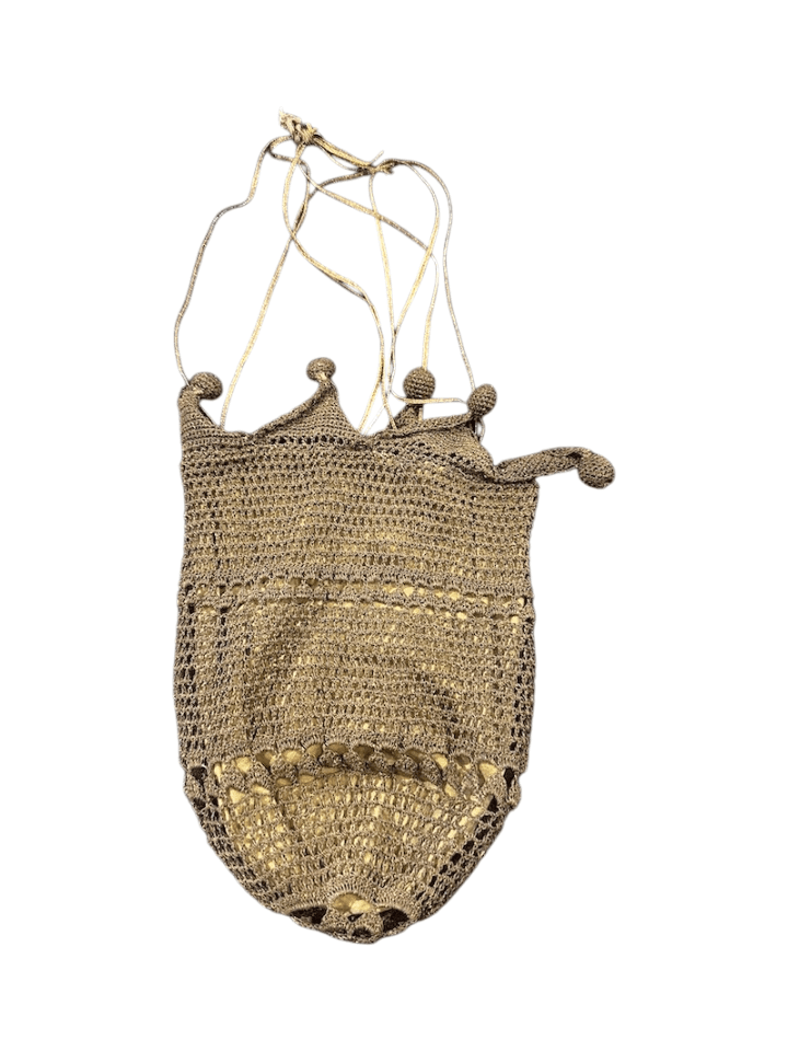 Late Edwardian to Flapper Era Bronze Colored Antique Hand-crocheted Metallic Gimp or Lurex Crochet Reticule with Gold/Mustard Lining - Thumbnail 5