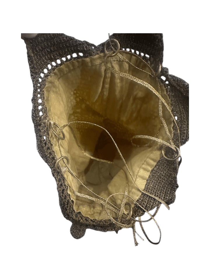 Late Edwardian to Flapper Era Bronze Colored Antique Hand-crocheted Metallic Gimp or Lurex Crochet Reticule with Gold/Mustard Lining - Thumbnail 6