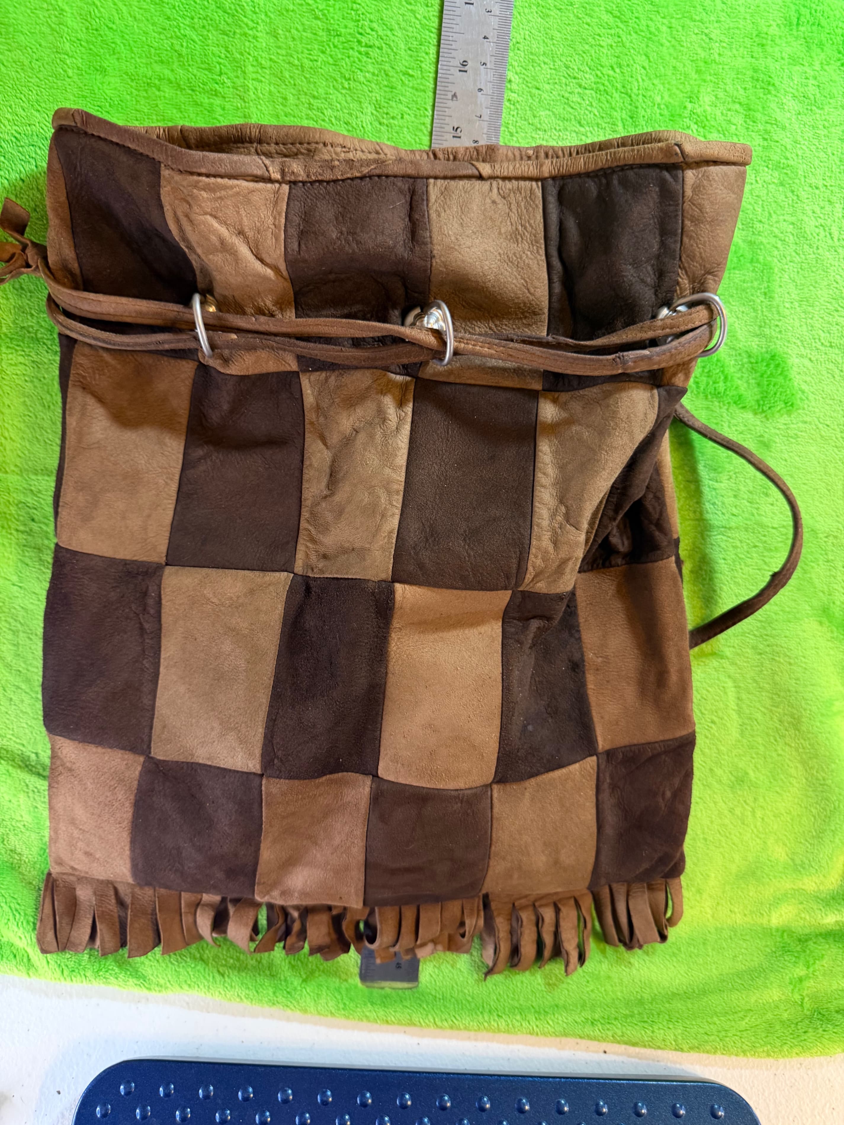 Vintage Boho Patchwork Leather Suede Fringe Drawstring Bucket Bag Hippie 70s - Image 1