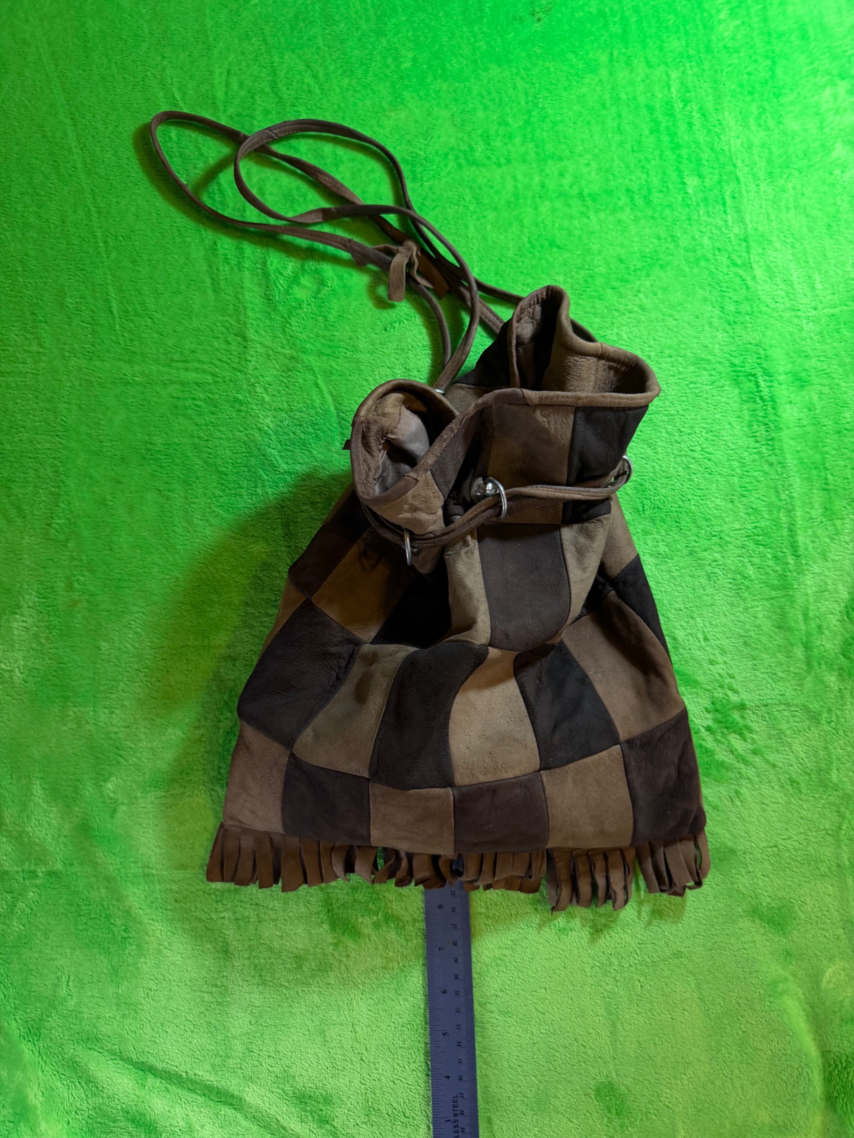 Vintage Boho Patchwork Leather Suede Fringe Drawstring Bucket Bag Hippie 70s - Thumbnail 4