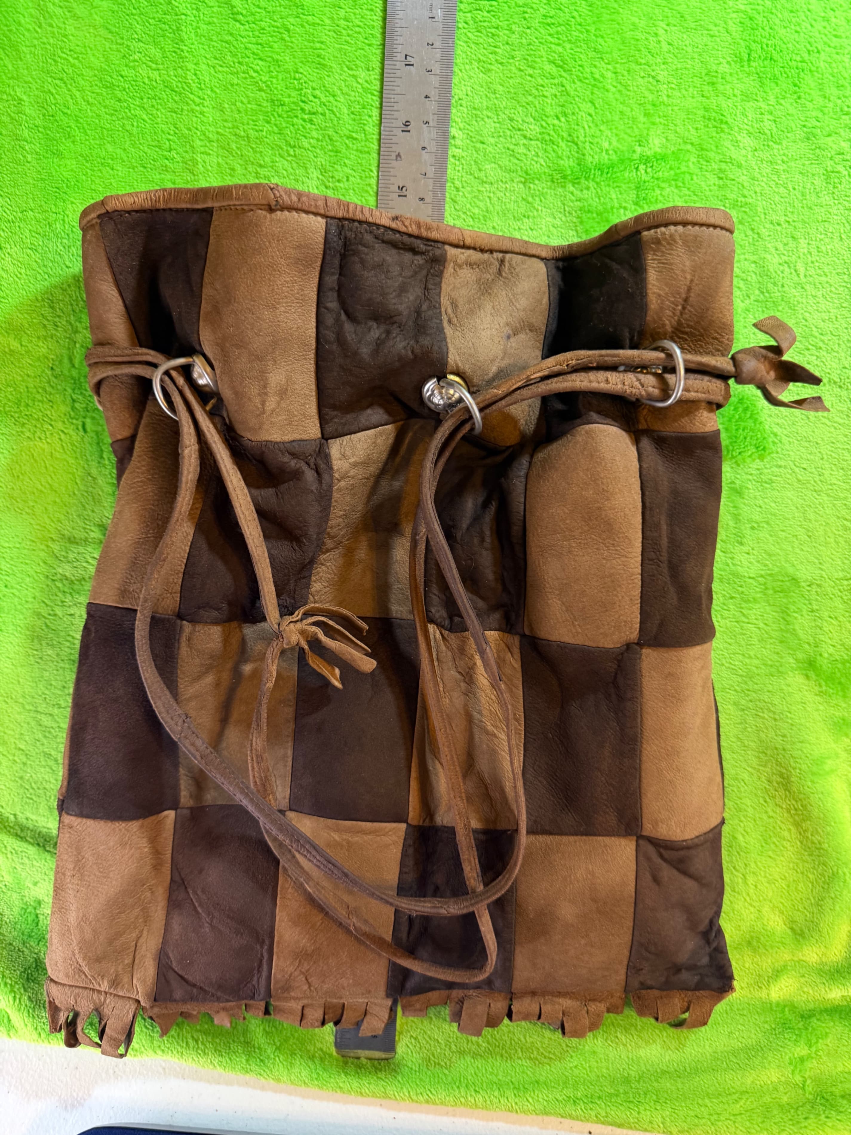 Vintage Boho Patchwork Leather Suede Fringe Drawstring Bucket Bag Hippie 70s - Thumbnail 2