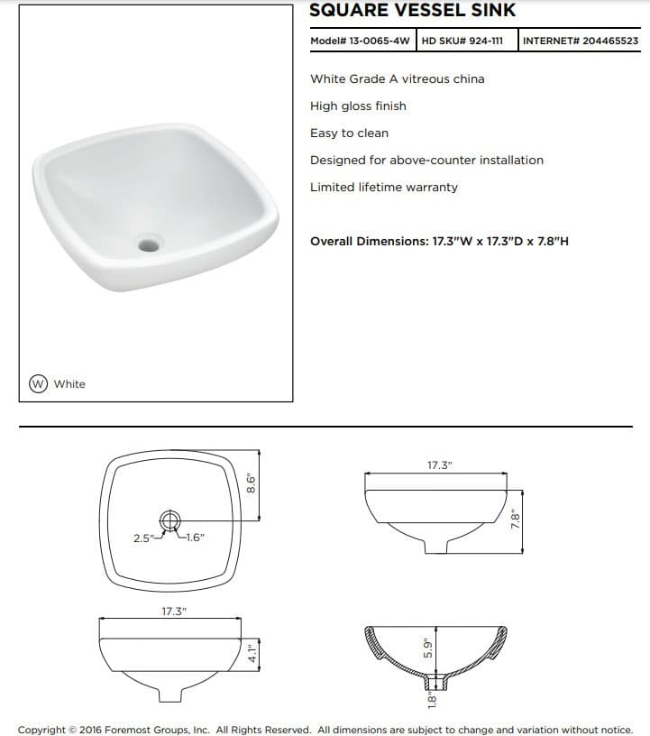 Glacier Bay Square Vitreous China White Vessel Sink - Thumbnail 8