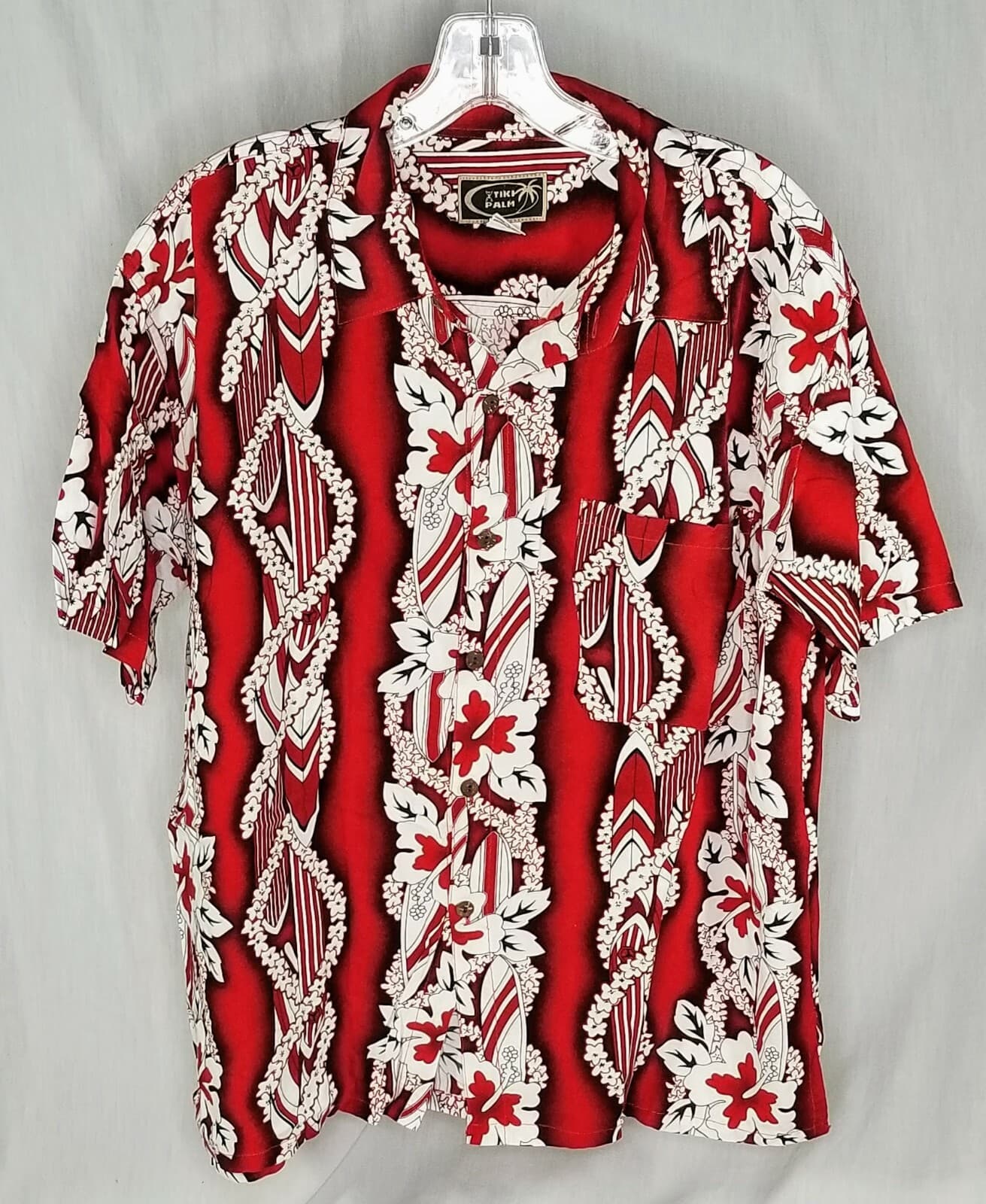 Tiki Palm Red Floral Surf Board Hawaiian Shirt 100% Rayon Pocket Large - Image 1
